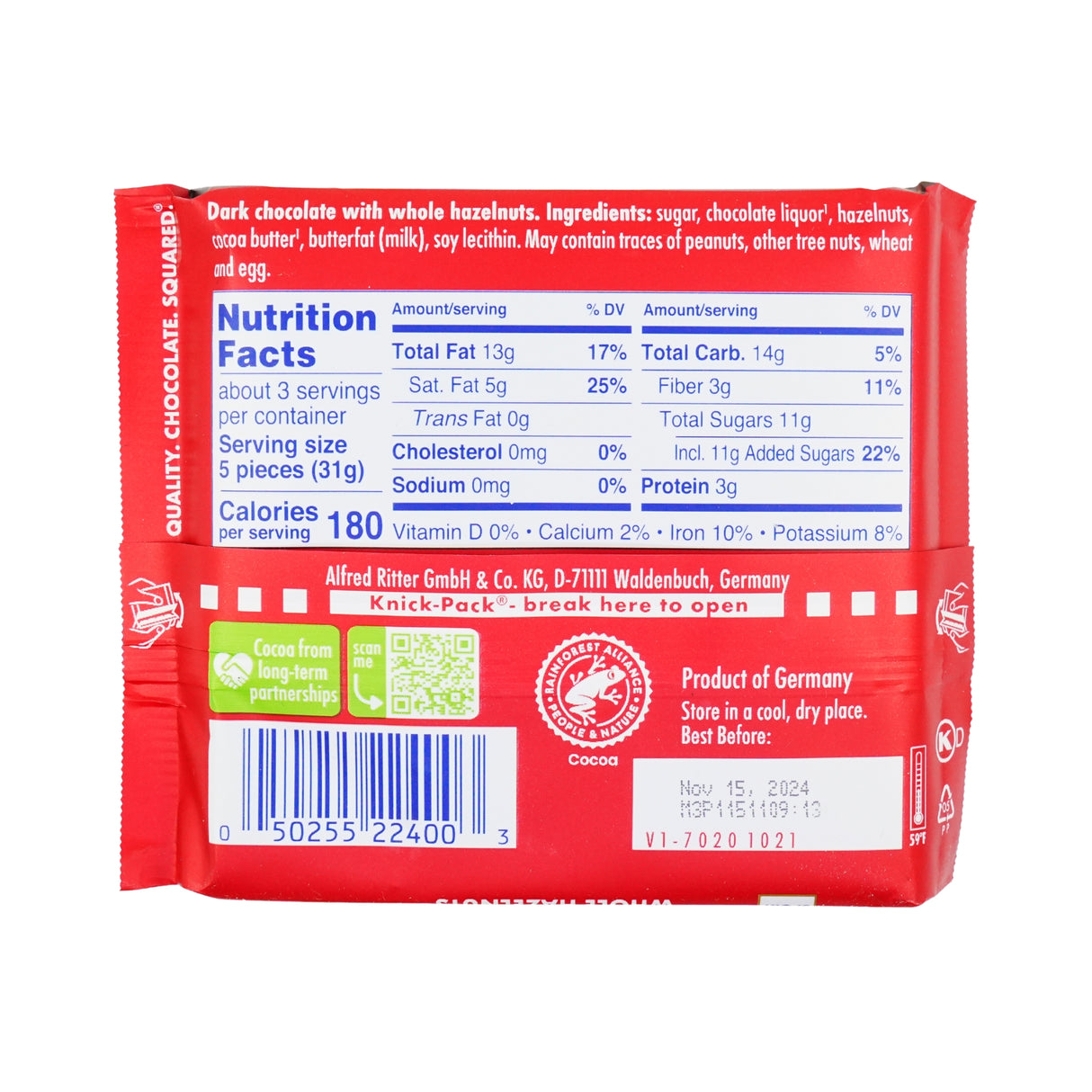 Ritter Dark Chocolate Bar With Whole Hazelnuts 3.5 oz 10