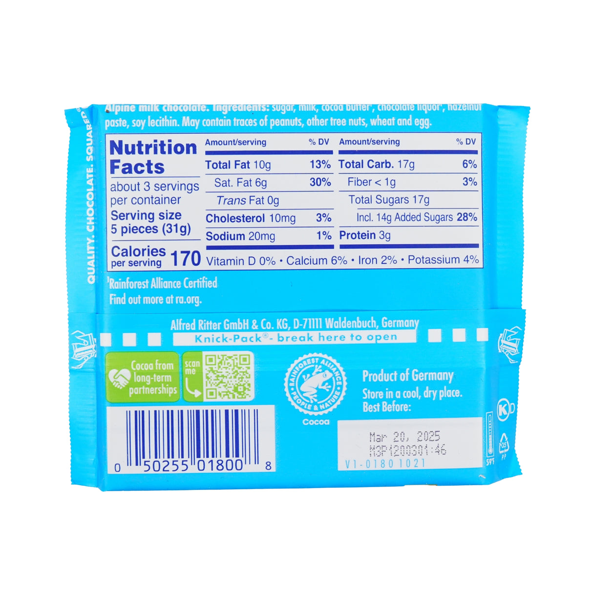 Ritter Alpine Milk Choc 3.5oz Bar MP 12