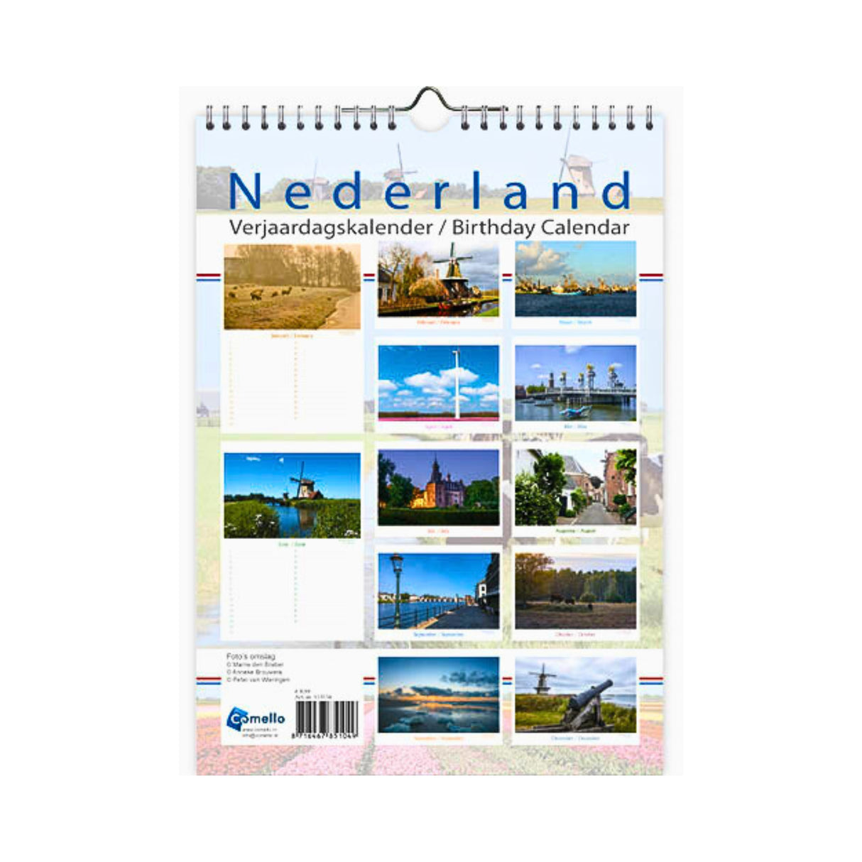 Nederland Pictures of Holland Birthday Calendar 13x17.3